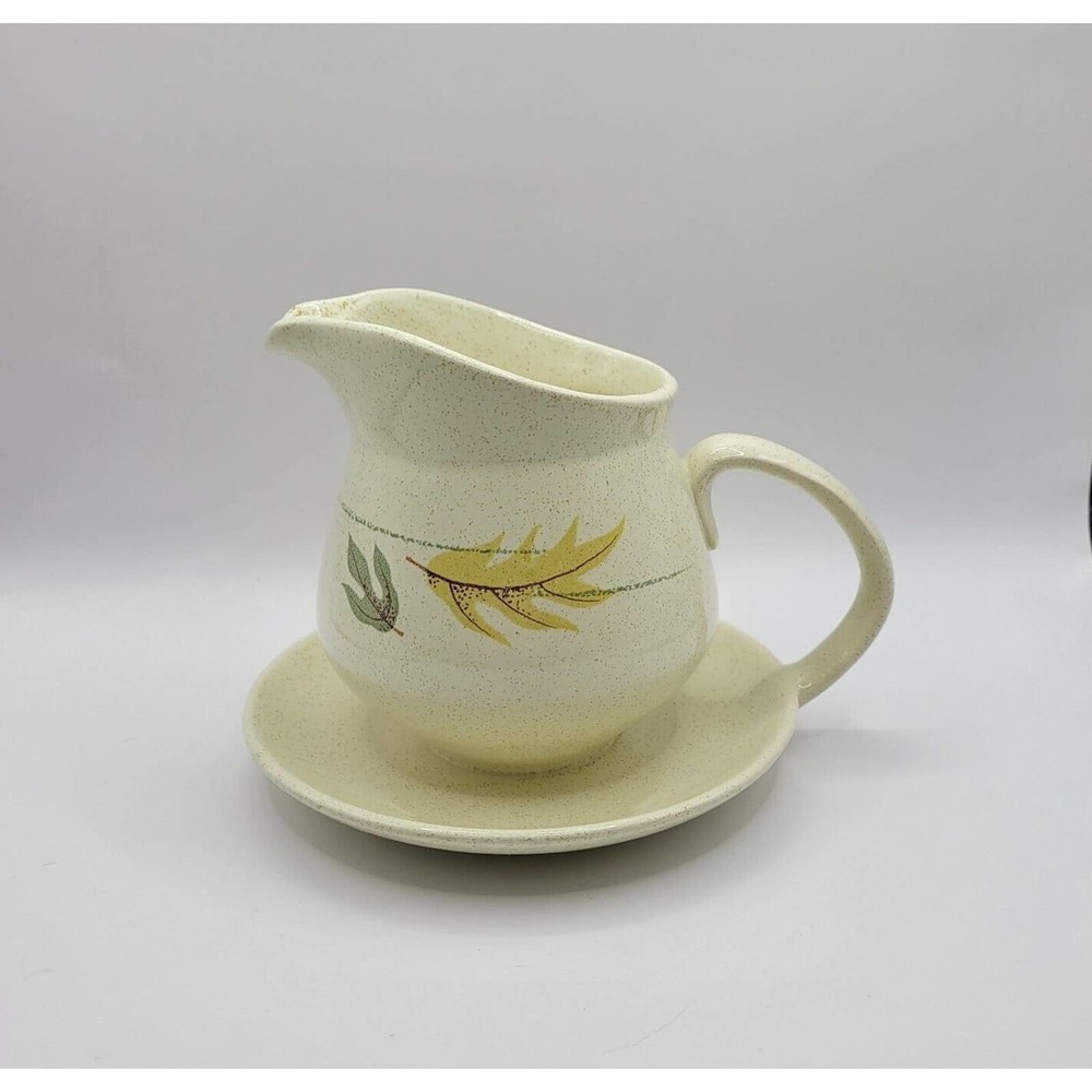 Vtg Franciscan Earthenware Autumn Leaves Gravy Boat Pitcher with Attached Saucer